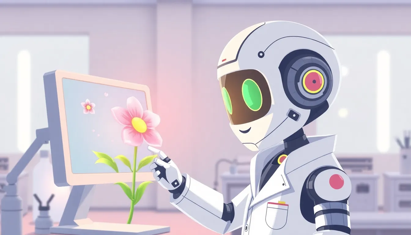 花が咲くコンピュータを観察するかわいいロボット科学者