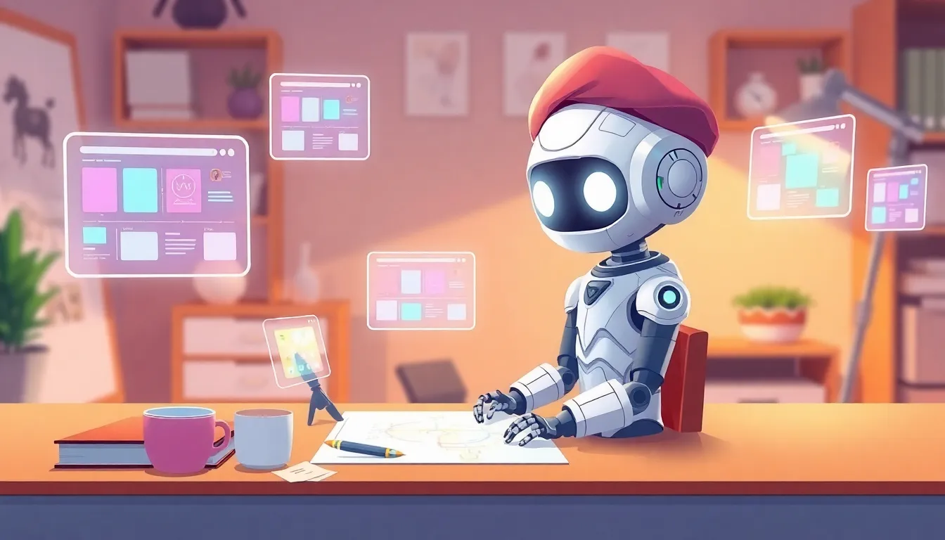 Cute robot designer creating UI prototypes