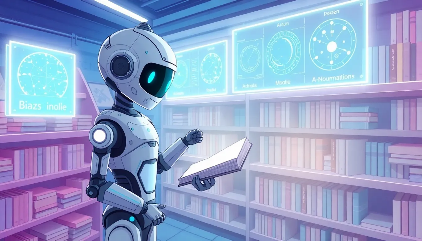 AIモデルを整理するロボット司書のイラスト