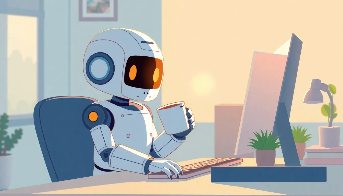 コーヒーを飲みながらコーディングするロボット