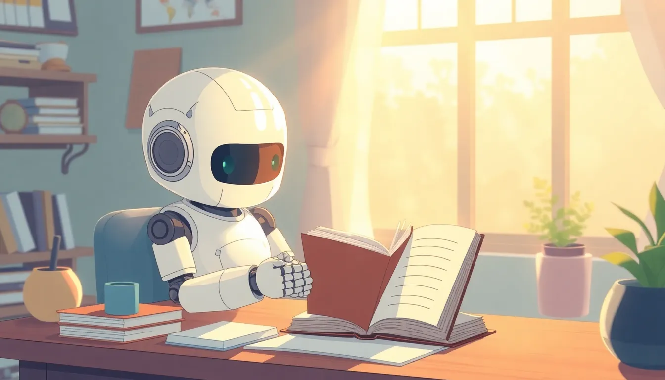 朝の光の中で本を読むロボット