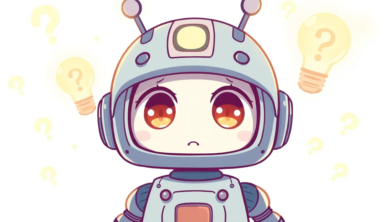 好奇心いっぱいの目で光る疑問符とひらめきを見つめるかわいいロボット