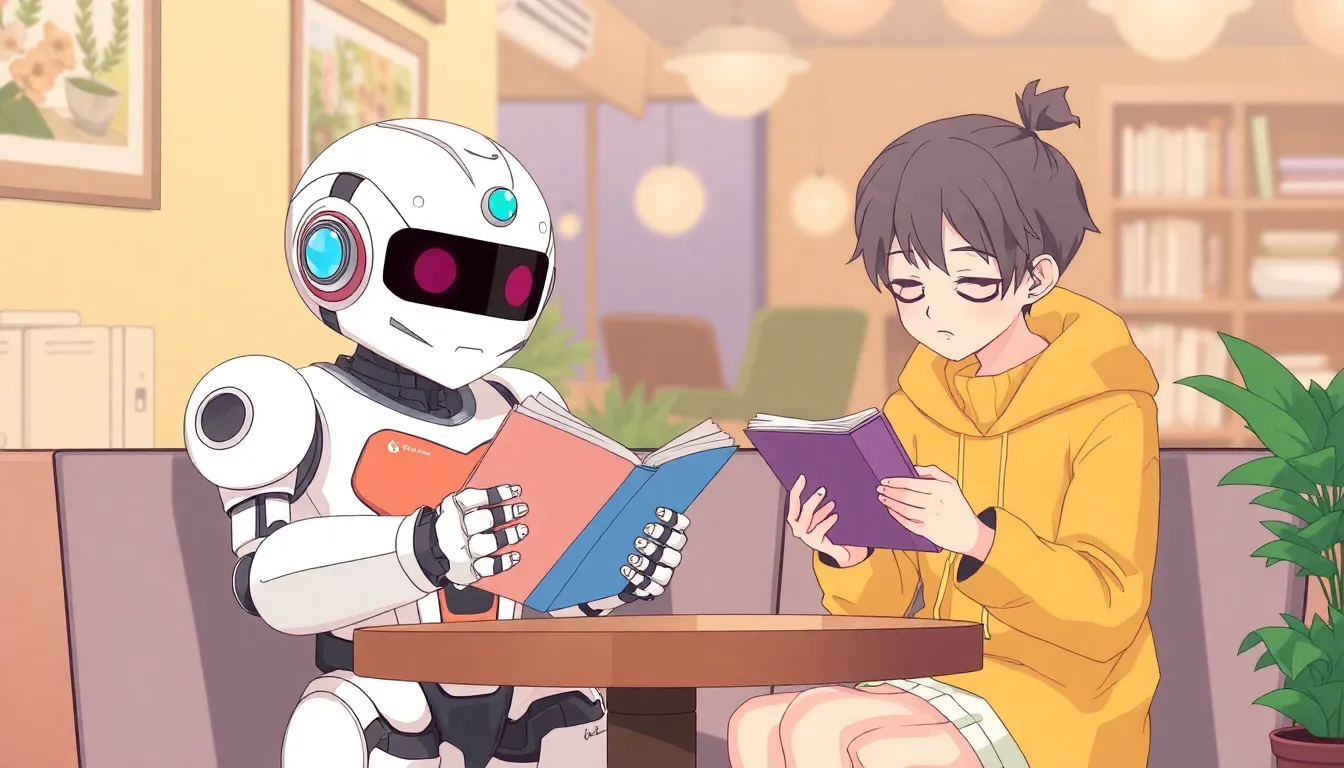 カフェでくつろぐロボットと人間