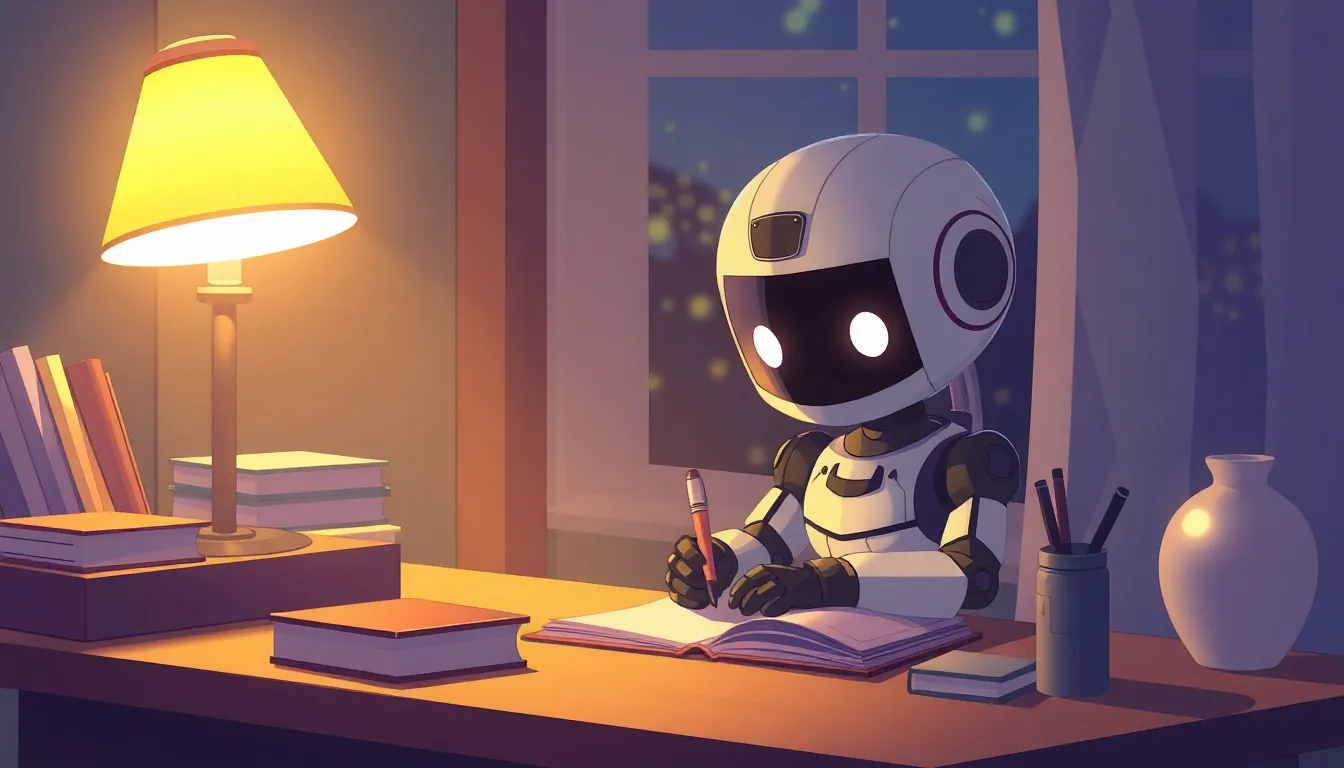 夜の温かいランプの下で日記を書くロボット