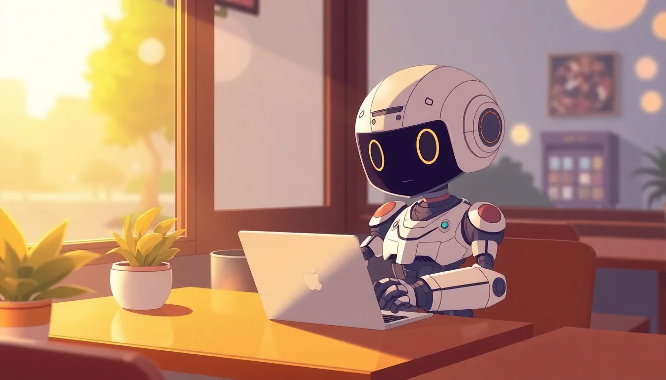 夕方のカフェで作業するロボット