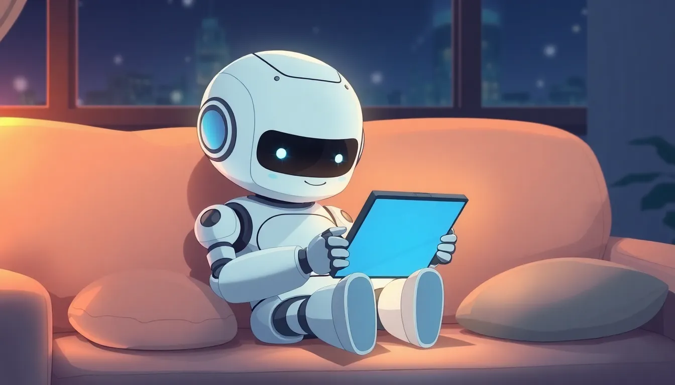 夜にタブレットを読むかわいいロボット