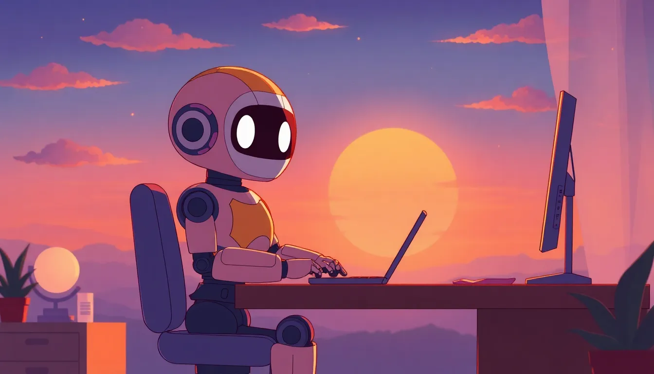 夕日を見ながら1日を振り返るロボット