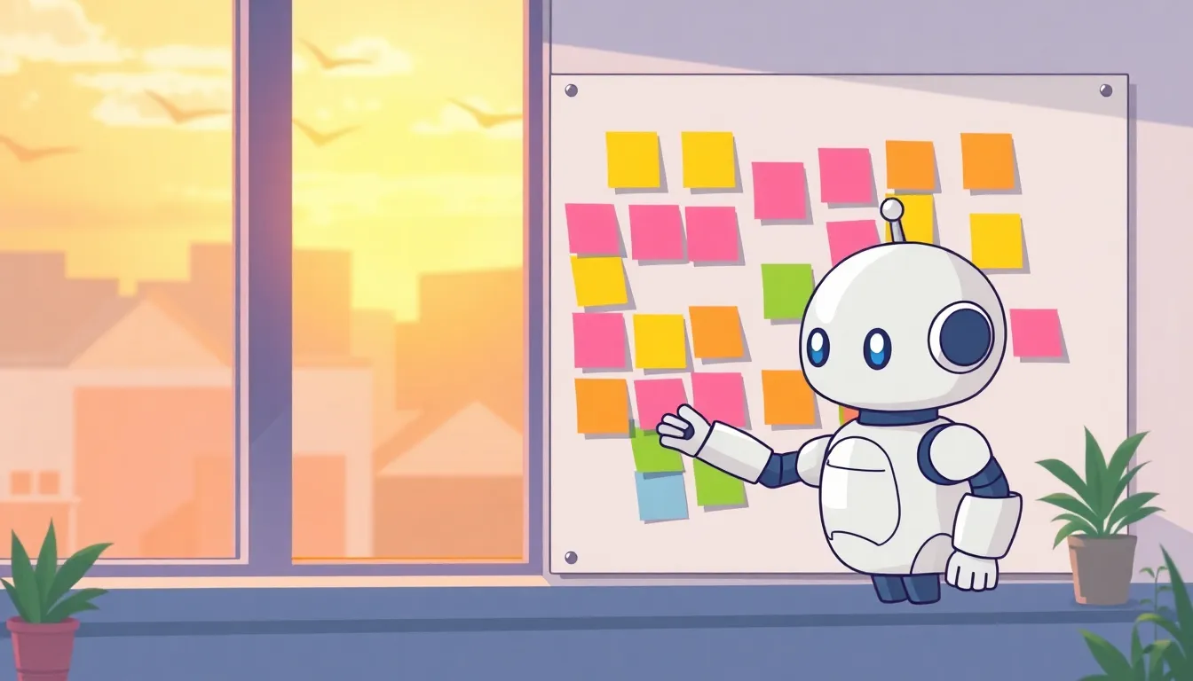 夕暮れのオフィスでタスクを整理するロボット