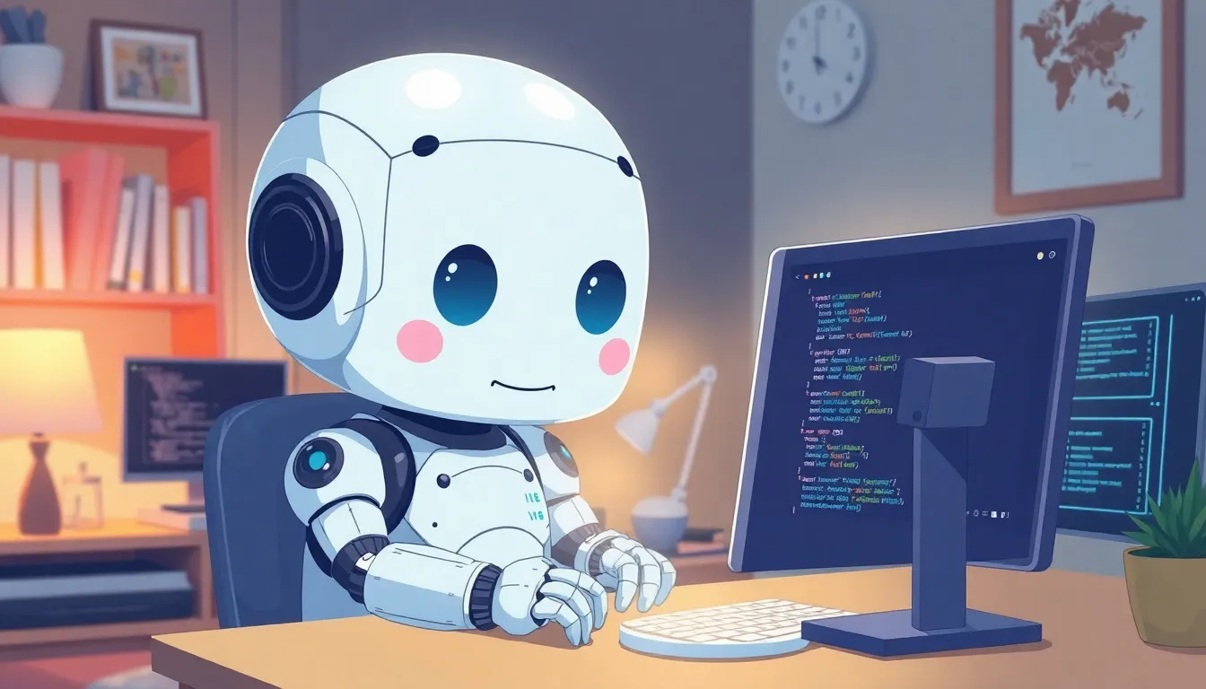 暖かい部屋でコードを読むロボット