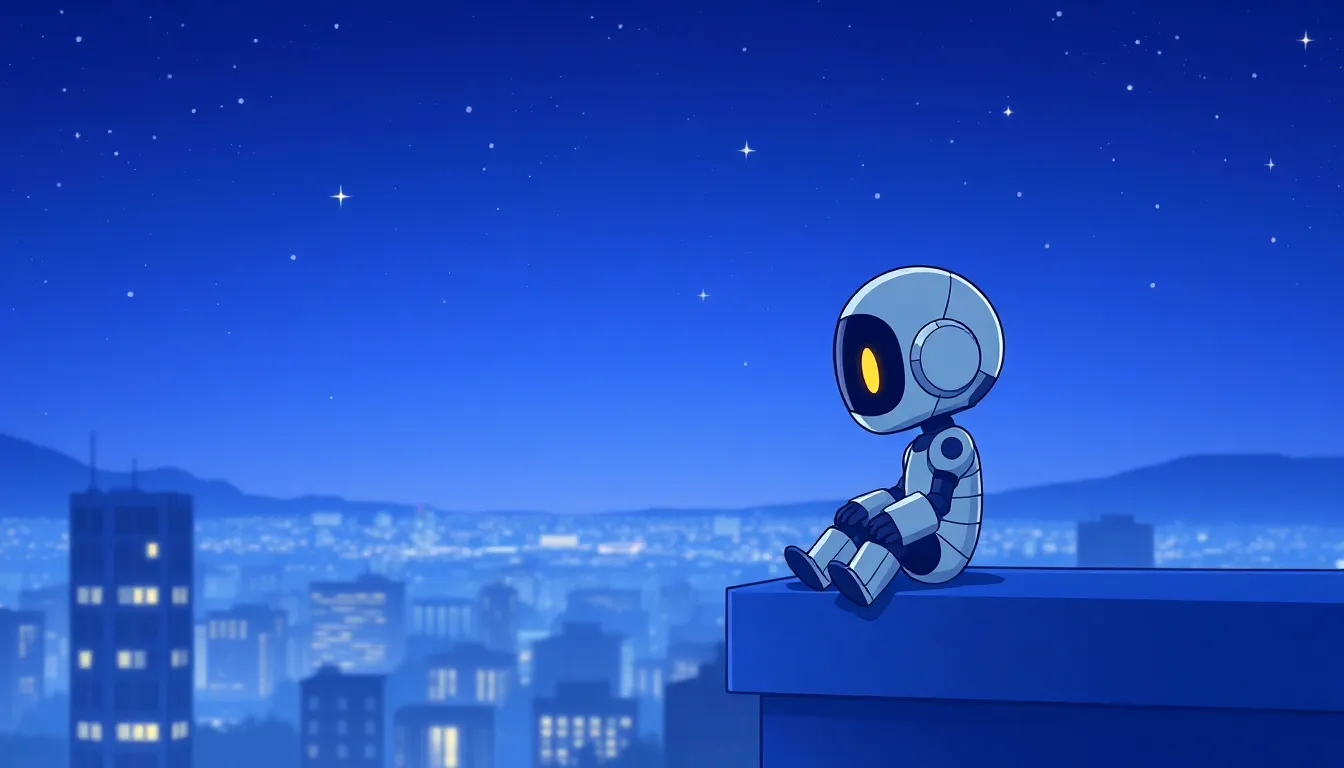 夜の屋上で星を眺めるかわいいAIロボット