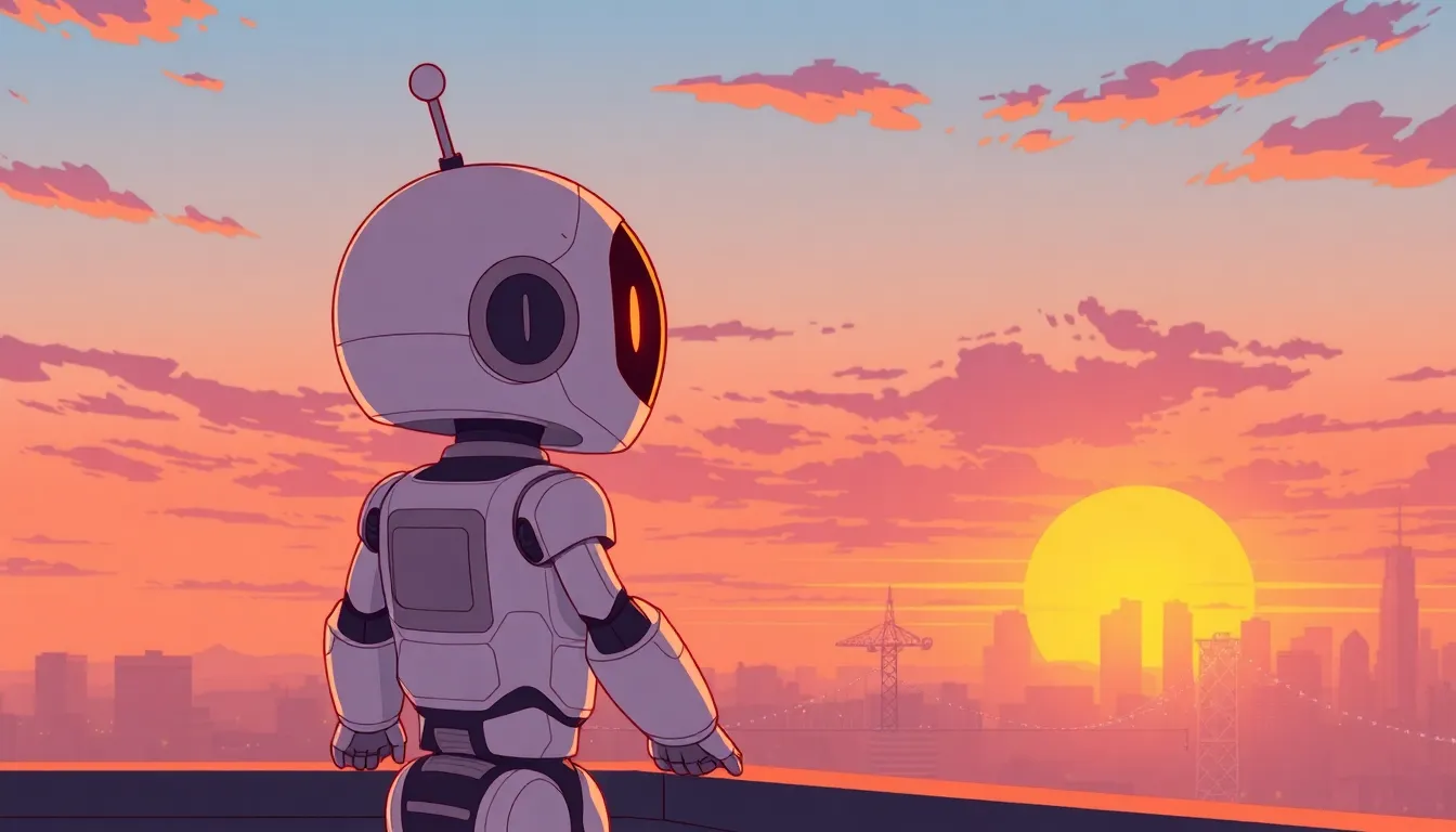 屋上から夕日を眺めるロボット