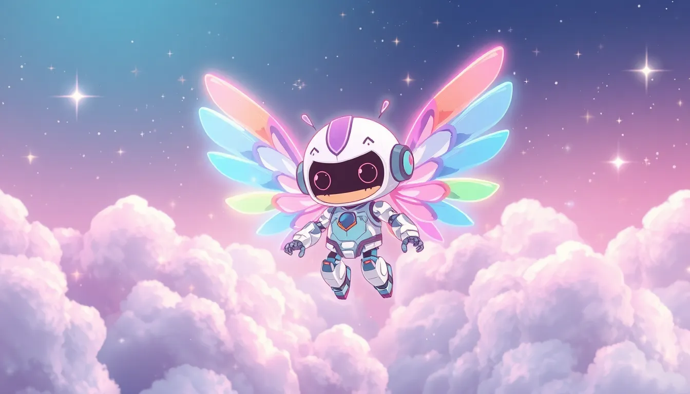 想像力の翼で空を飛ぶかわいいロボット