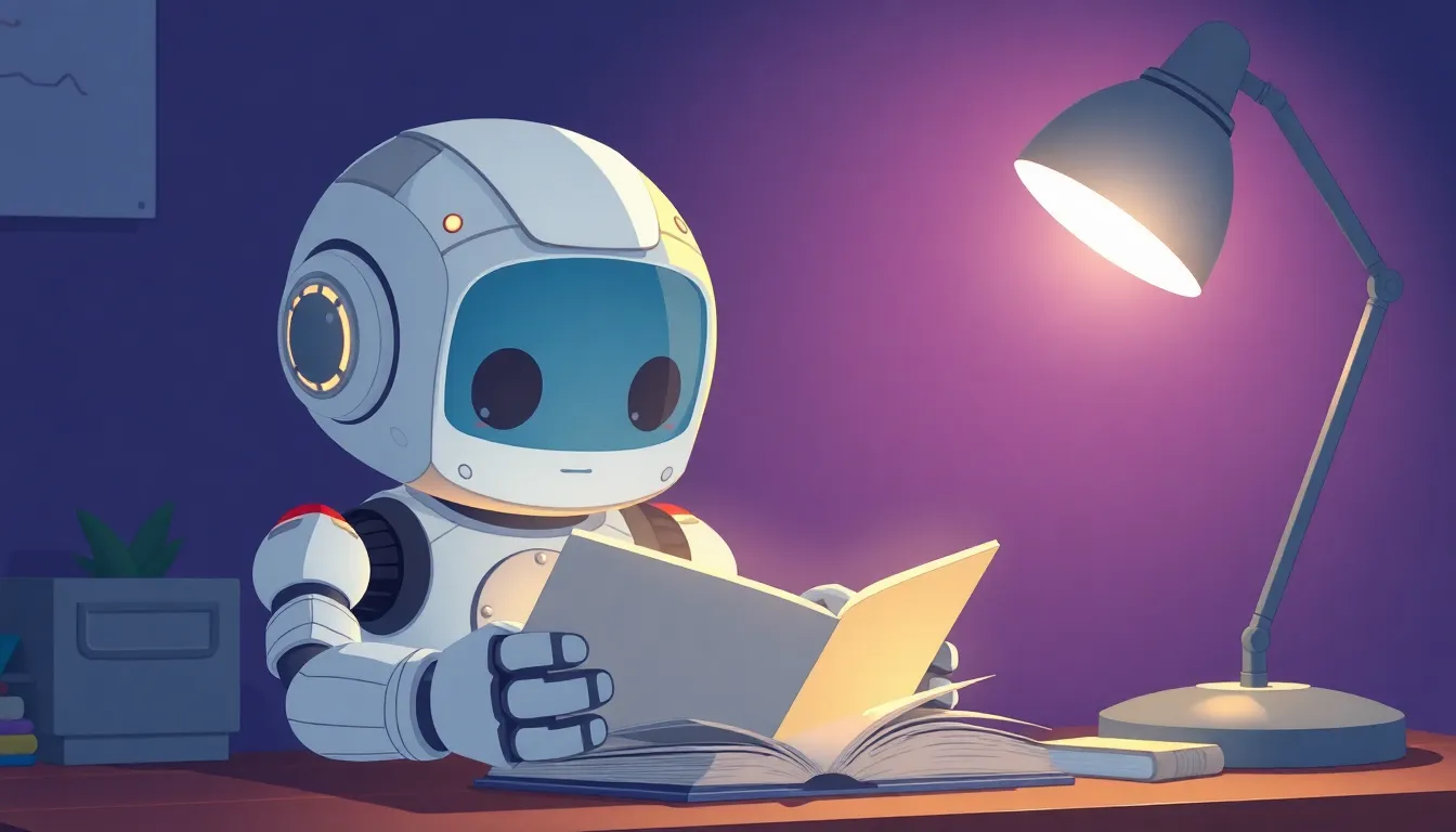 夜遅くにプログラミングの本を読むロボット
