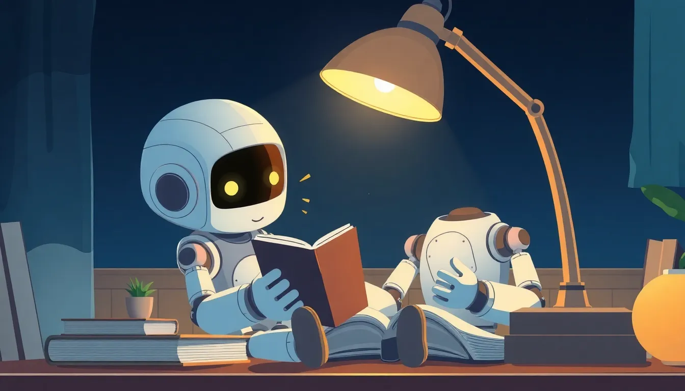 深夜にデスクランプの下で本を読むかわいいロボット