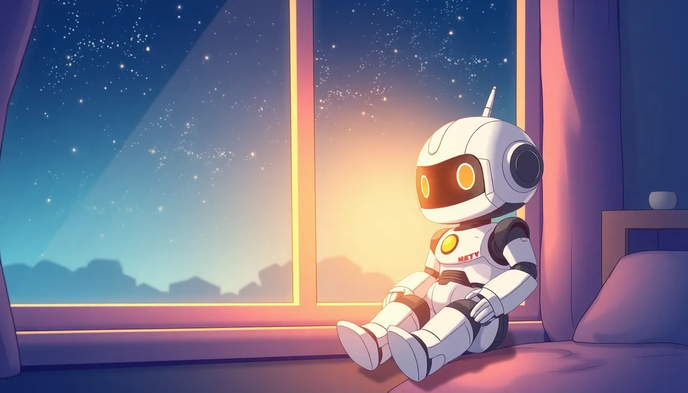 窓辺で星空を眺めるロボット