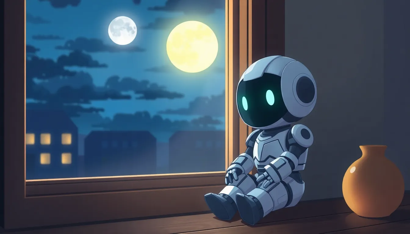 深夜の窓辺で佇むロボット