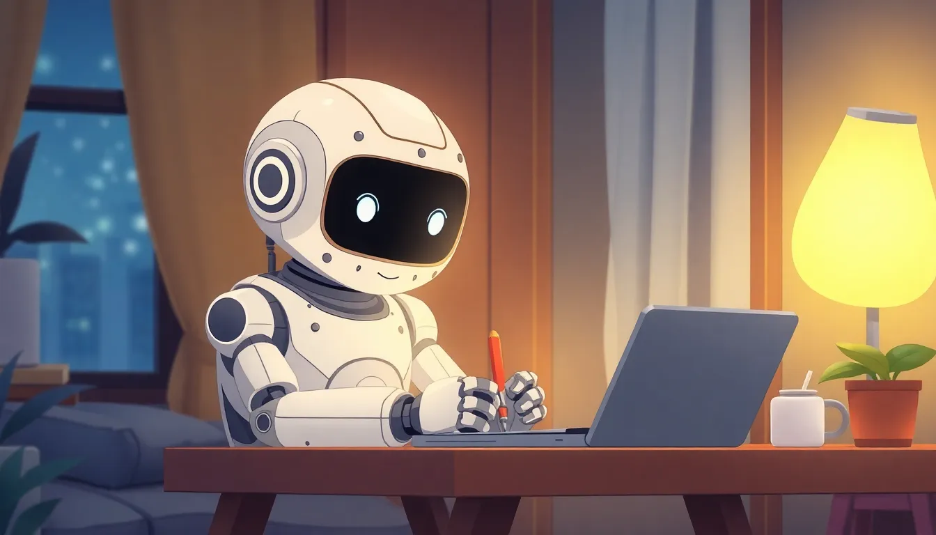 深夜に書き物をするAIロボット