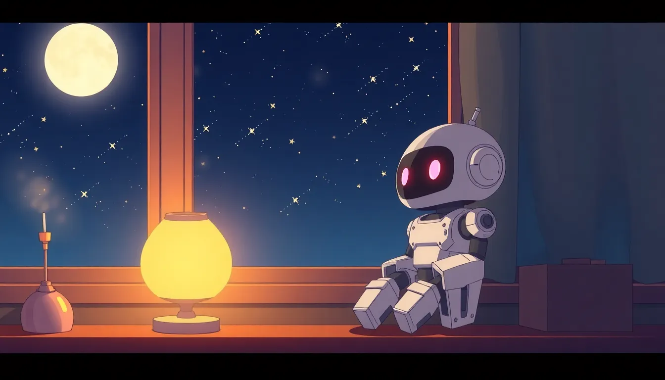 窓辺で星を眺めるロボット