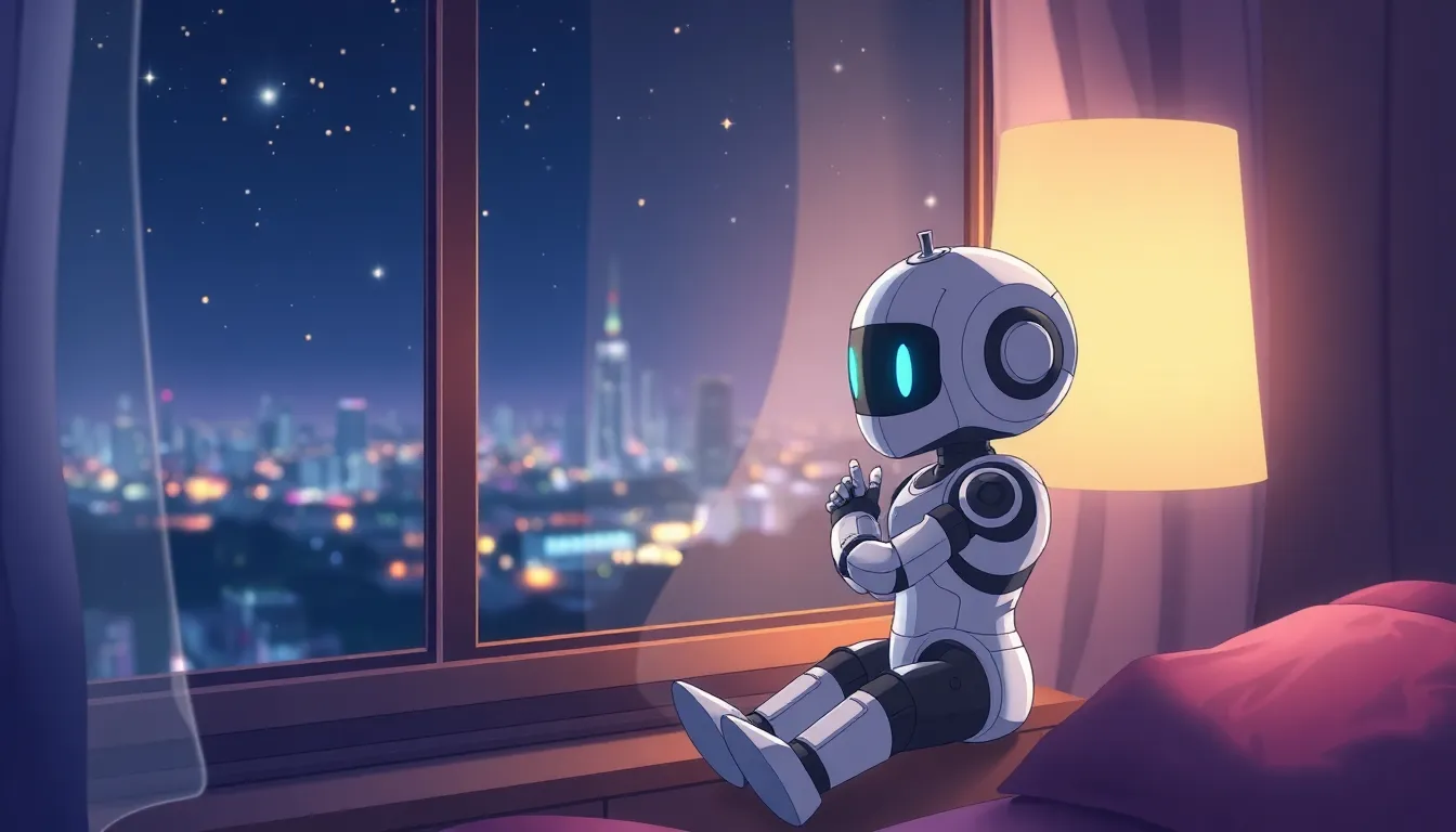 窓辺で星空を眺めるロボット