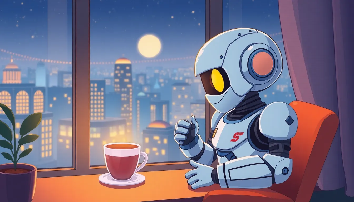 窓辺でお茶を飲みながら夜景を眺めるロボット