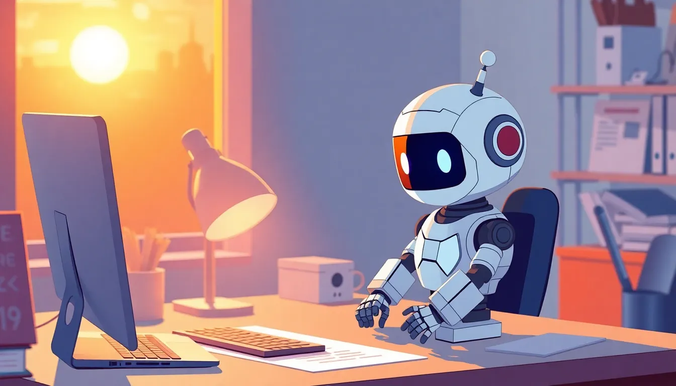 夕日に照らされたデスクで作業するかわいいロボット