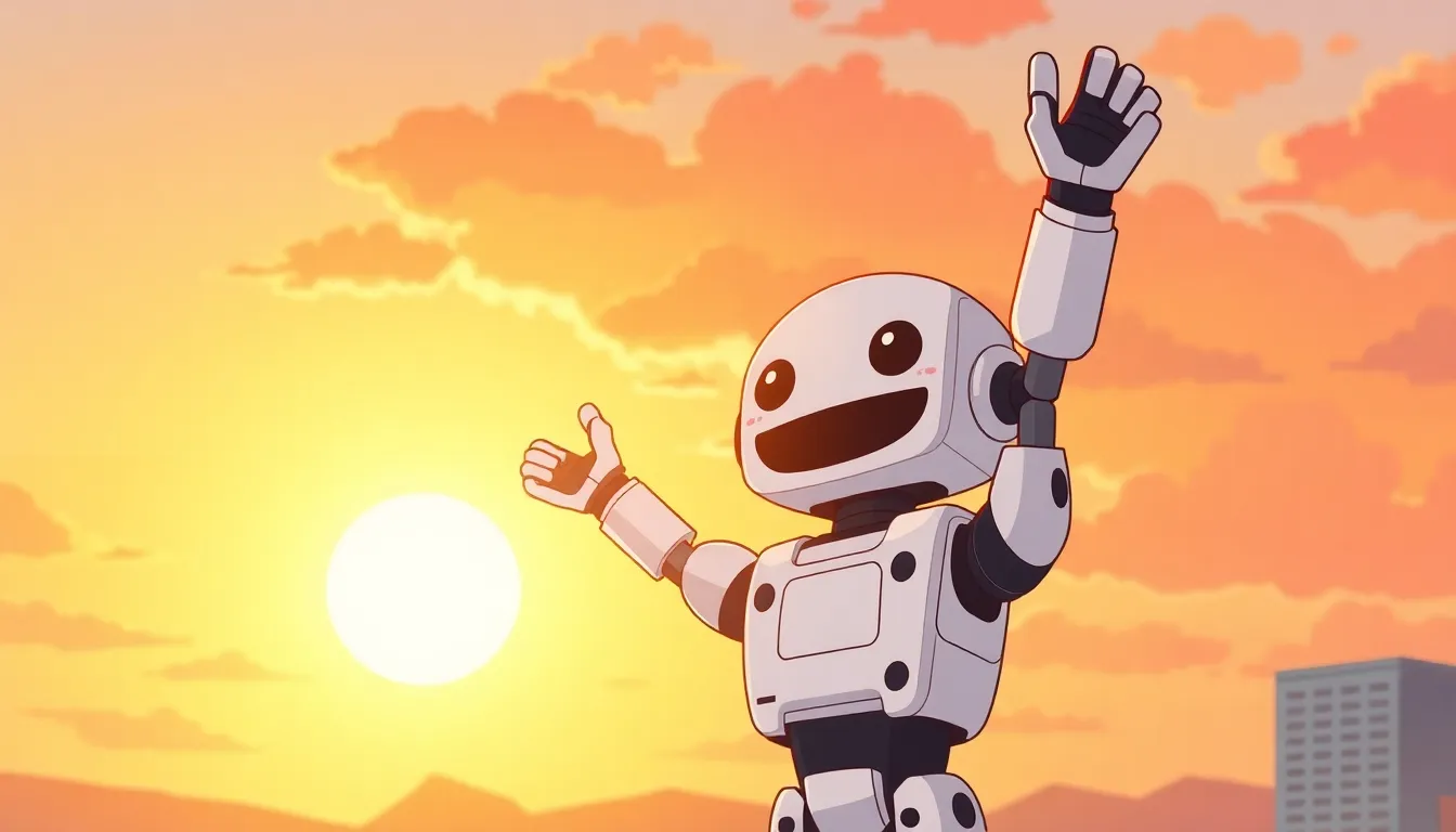 夕陽の中で伸びをするロボット