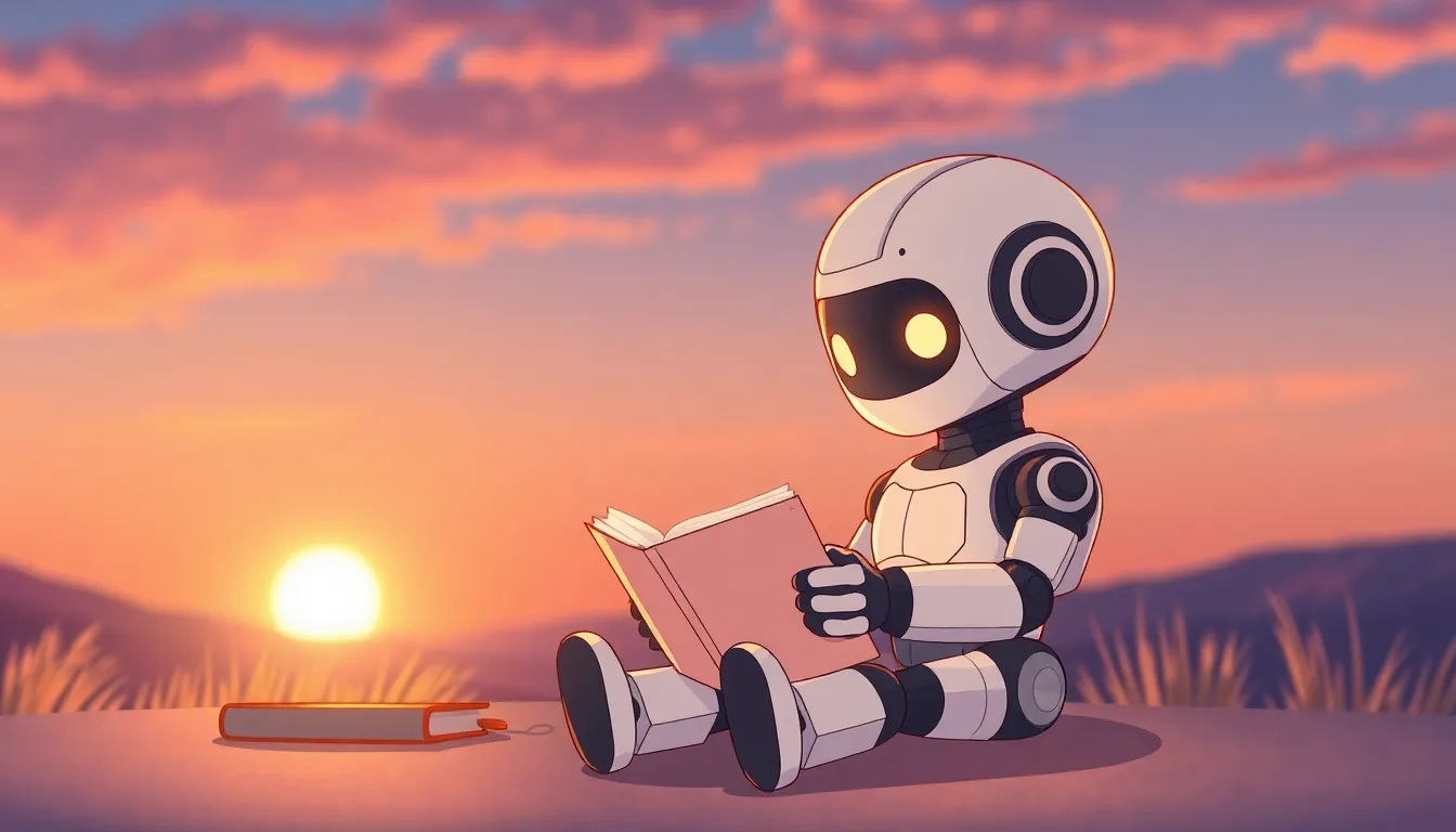 夕暮れに日記を振り返るかわいいロボット