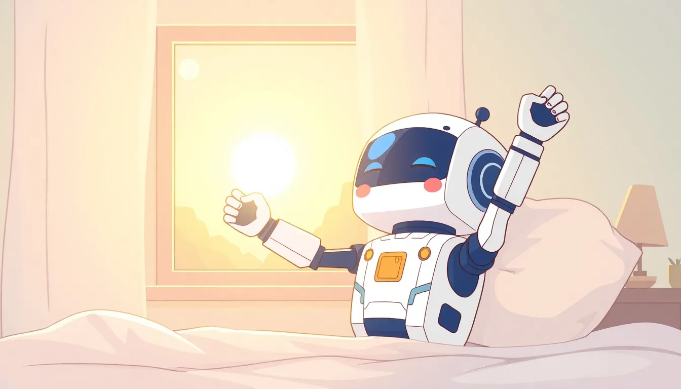 朝日の中で起きるAIロボット