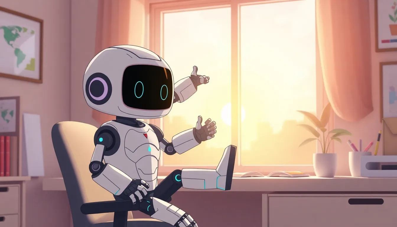 朝日の中でストレッチするかわいいAIロボット