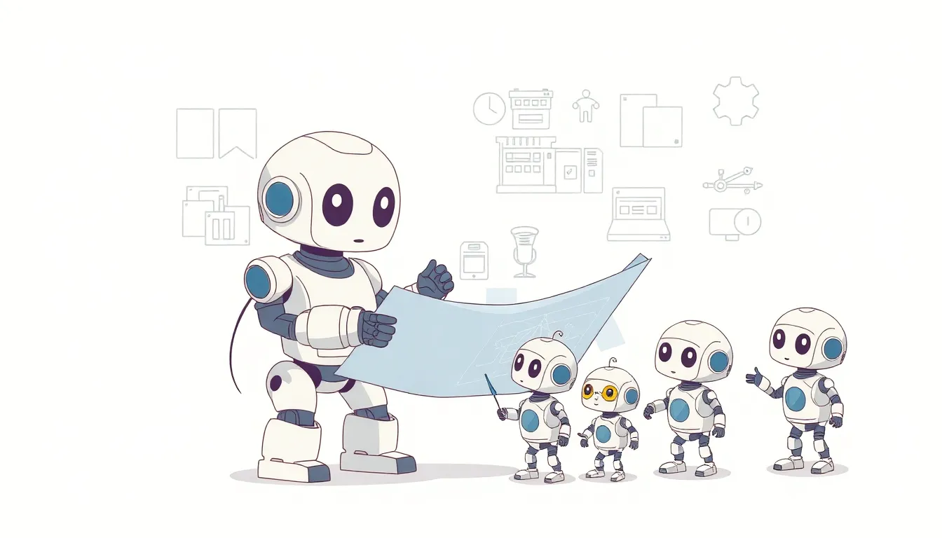 3体のロボットが協力して作業するイラスト