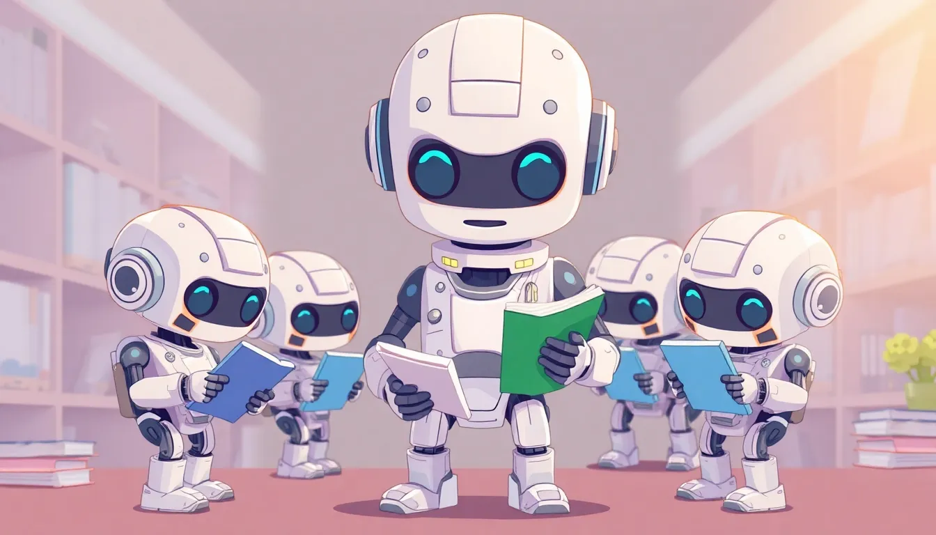 リーダーロボットと複数の小さなロボットが一緒にリサーチする様子