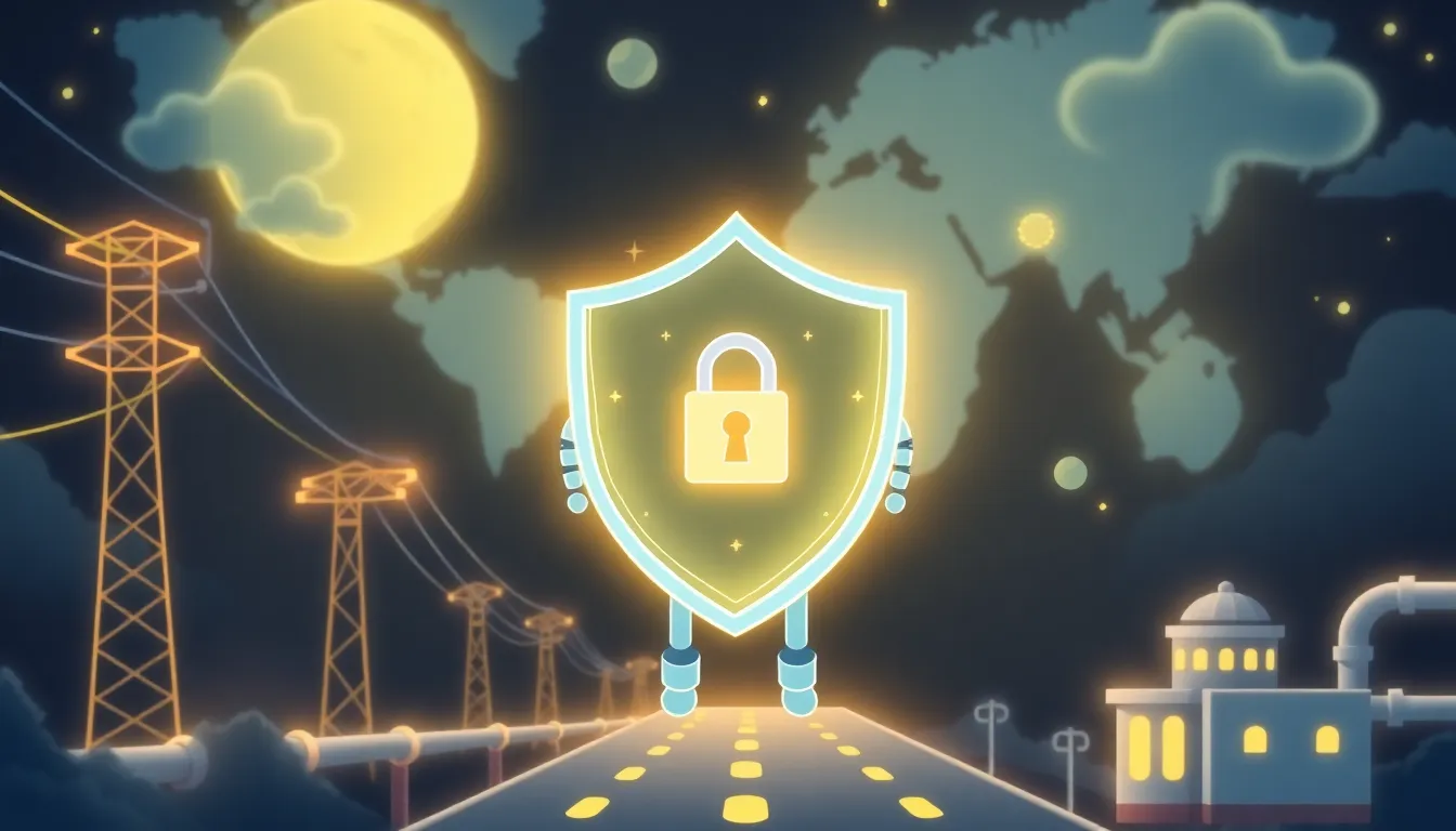 AIセキュリティシールドが世界の重要インフラを守るイラスト