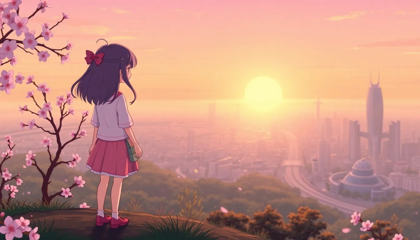 丘の上から夜明けを眺める少女