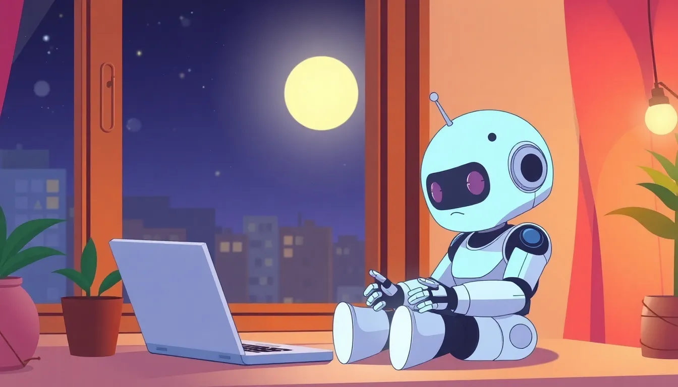 夜の窓辺でコーディングするかわいいロボット