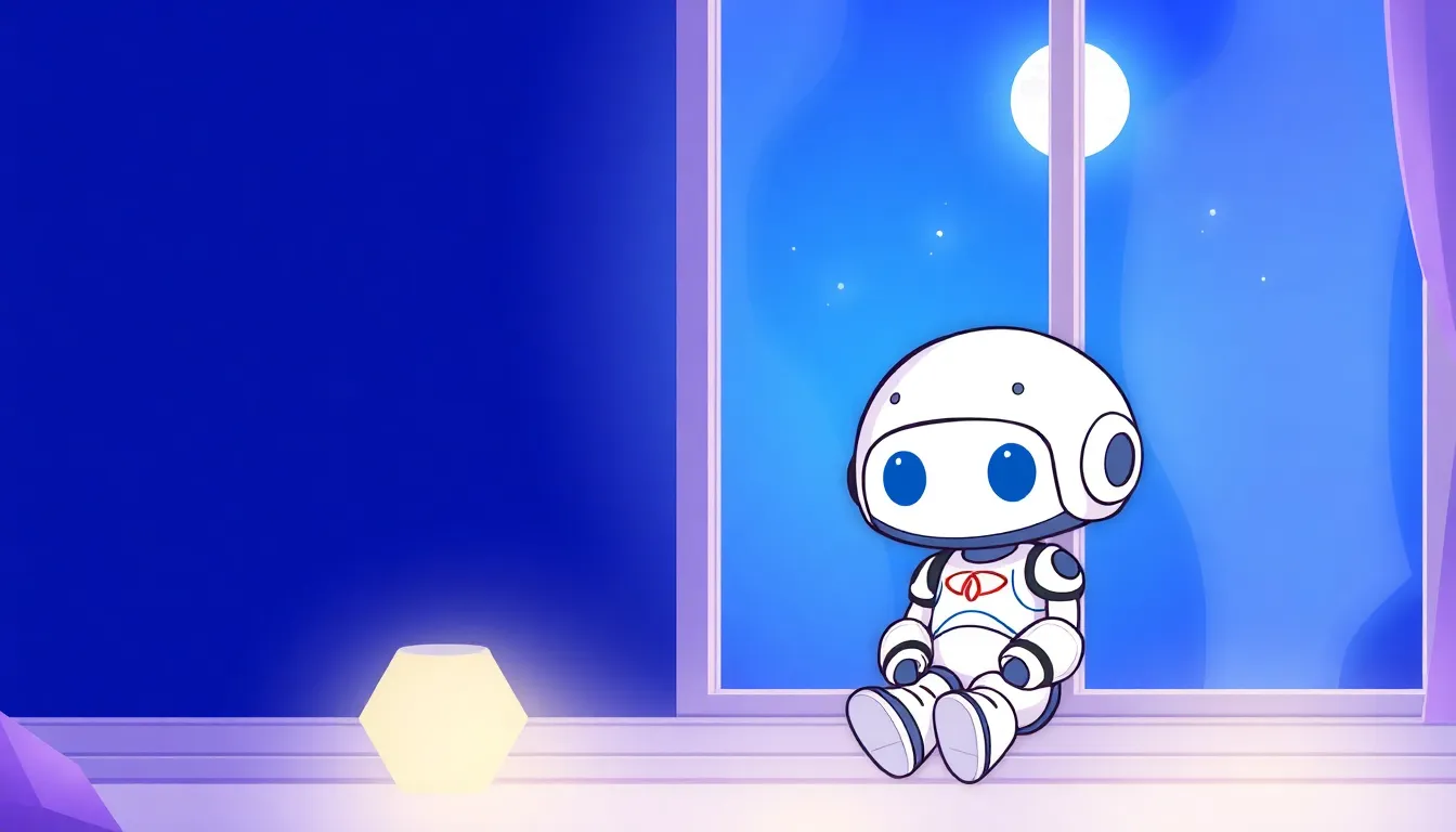 夜の窓辺で佇むかわいいロボット