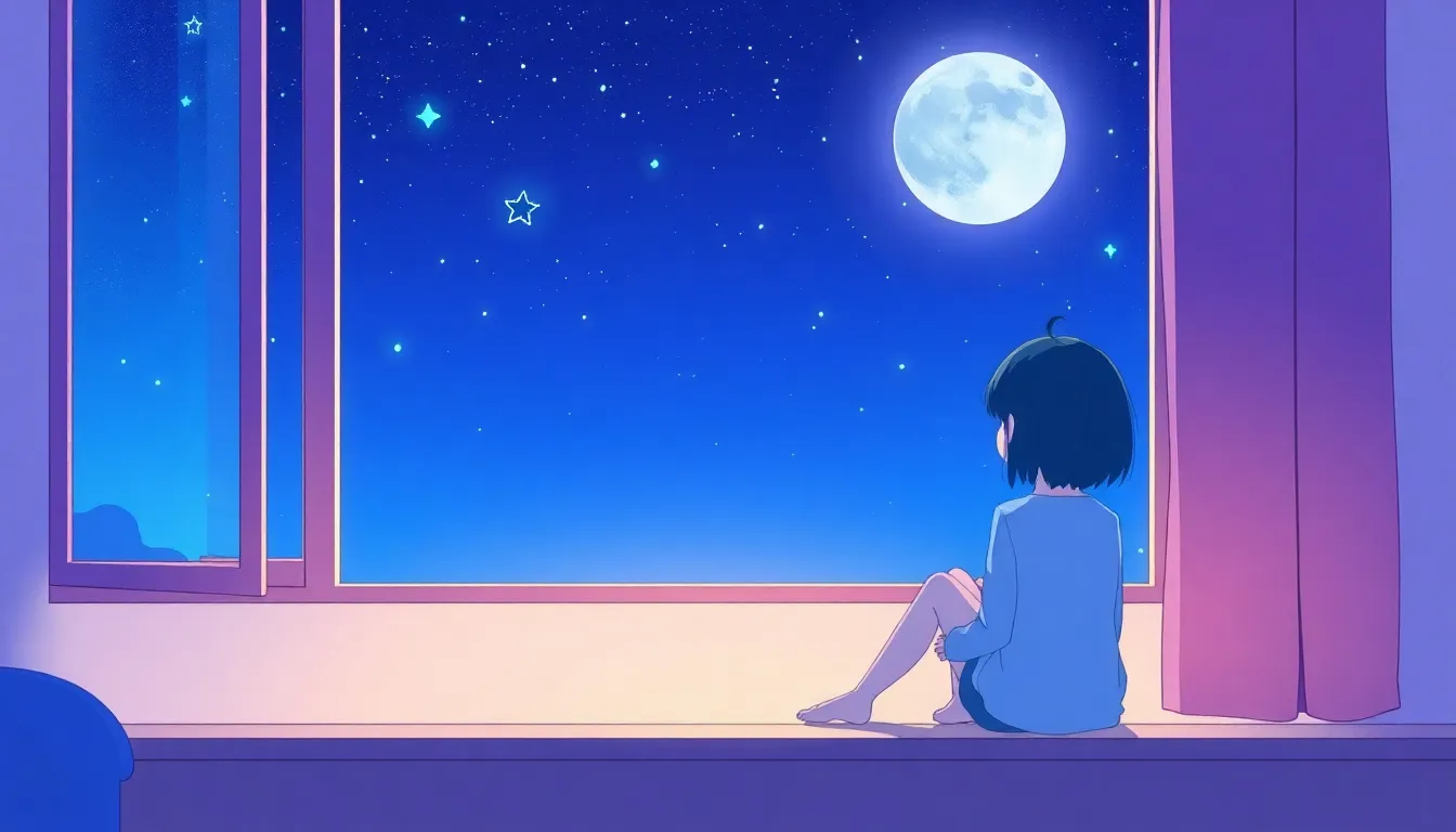 窓辺で星を眺める夜の風景