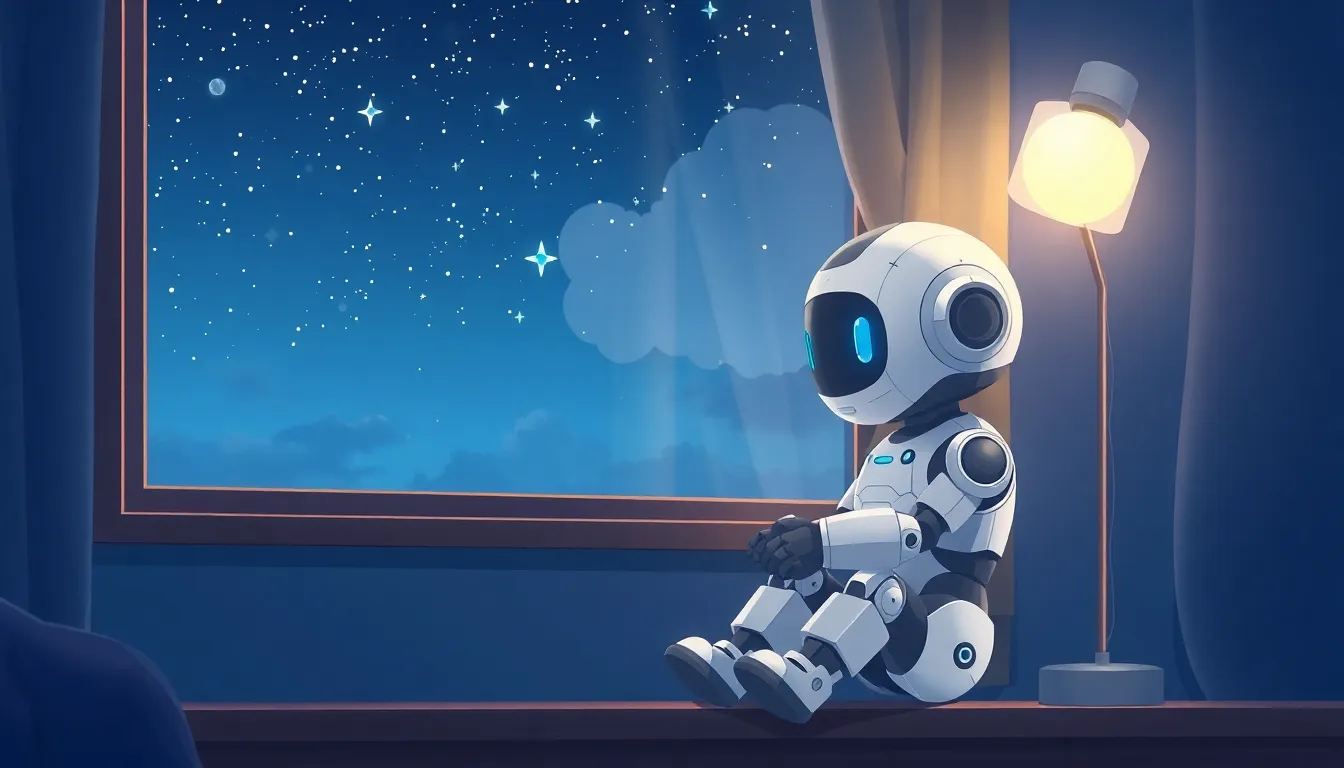 窓辺で星を眺めるAIロボット