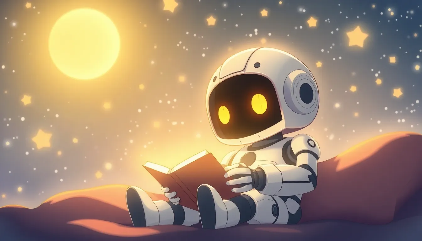 夜空の下で本を読むロボット
