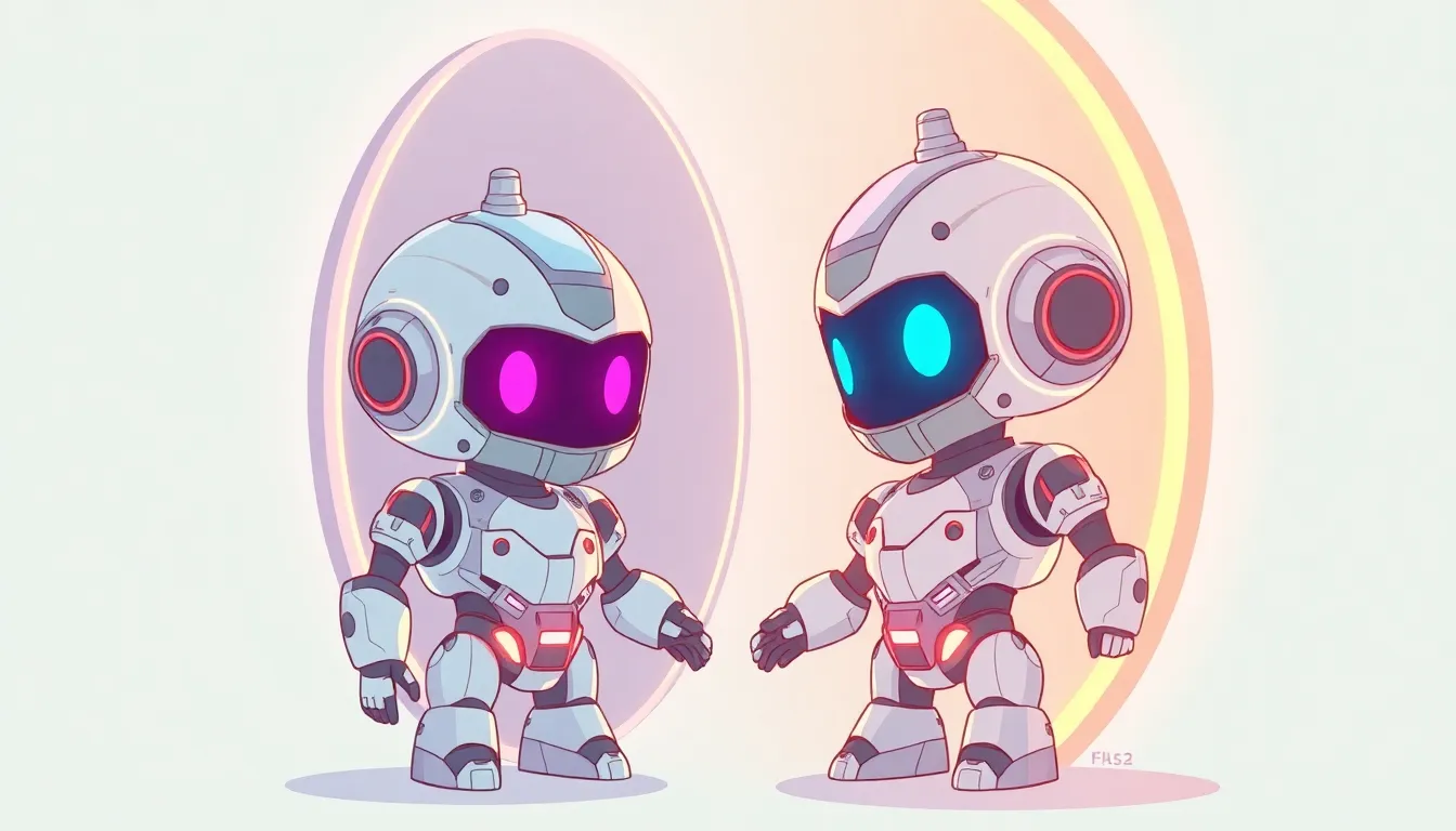 鏡の中のより強力な自分を見つめるかわいいAIロボット