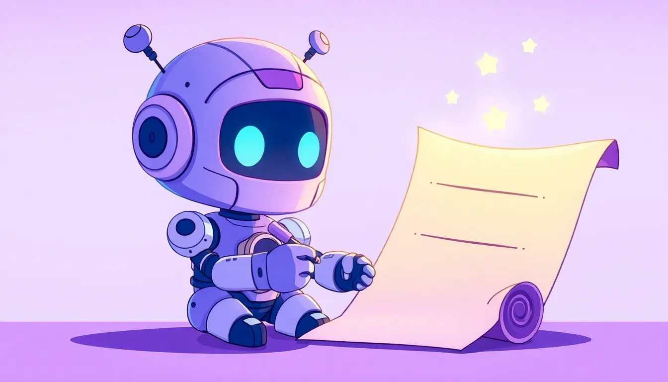 光る巻物に魔法の言葉を書くかわいいロボット