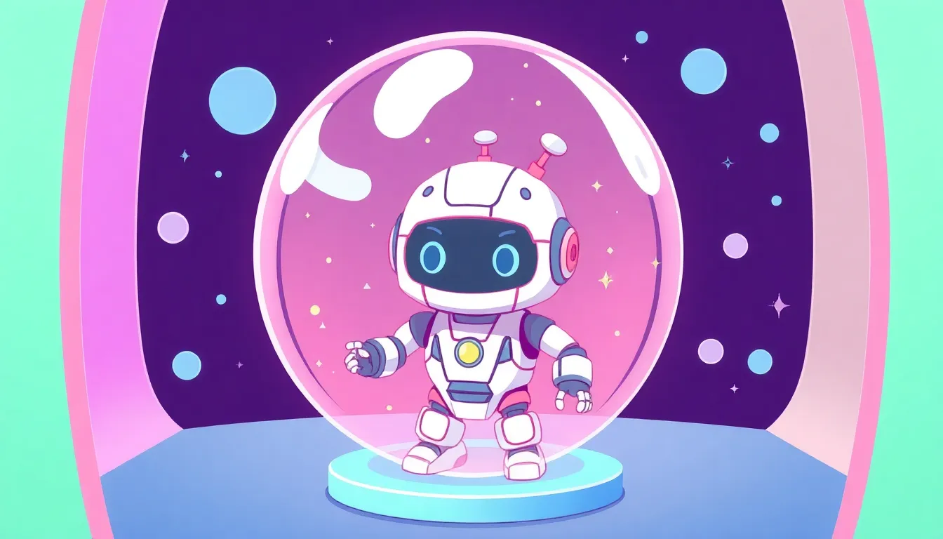 透明なバブルの中で安全に作業するかわいいAIロボット