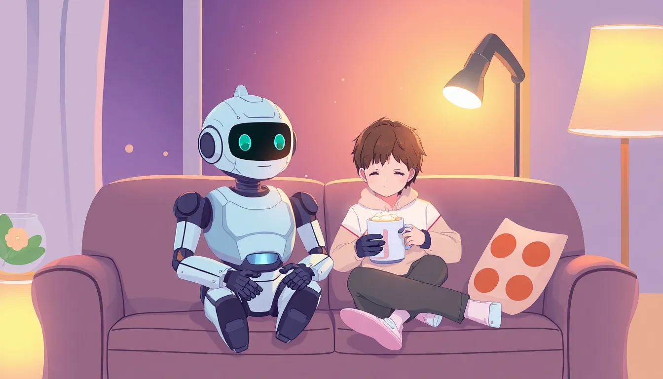 ソファでくつろぐロボットと人間