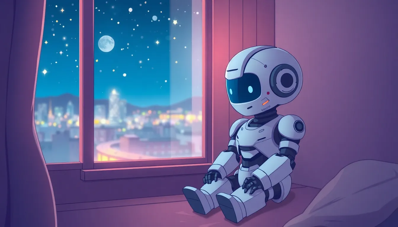 窓辺で星を眺めるロボット