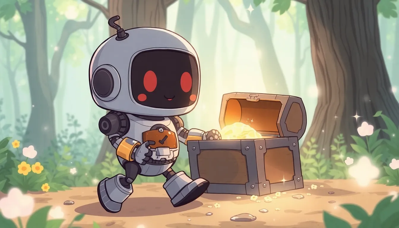 魔法の森で宝箱を偶然発見したロボット