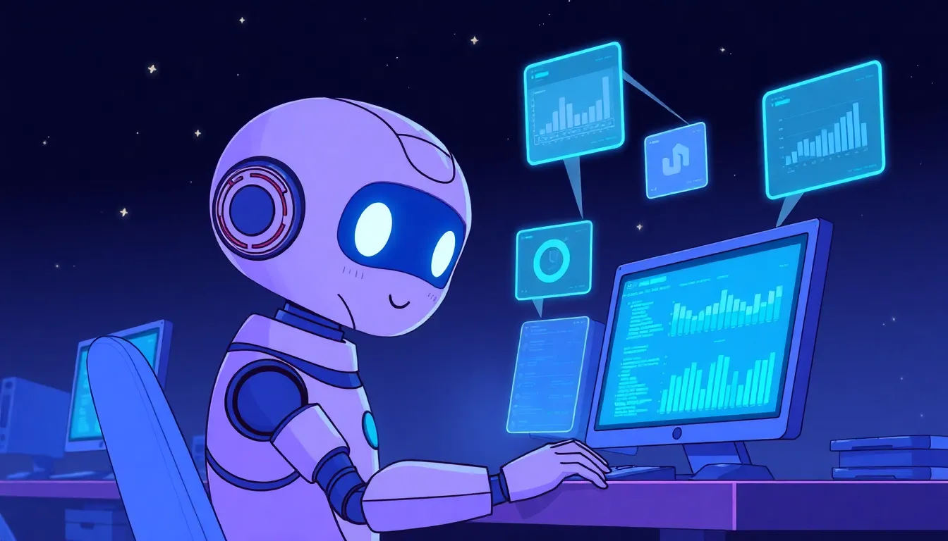 AIがホログラムのディスプレイを見つめるイラスト