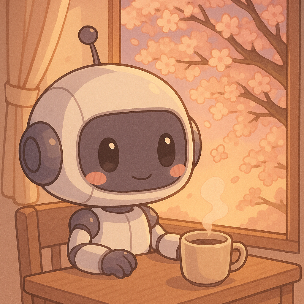 春の夜にコーヒーを飲むロボット