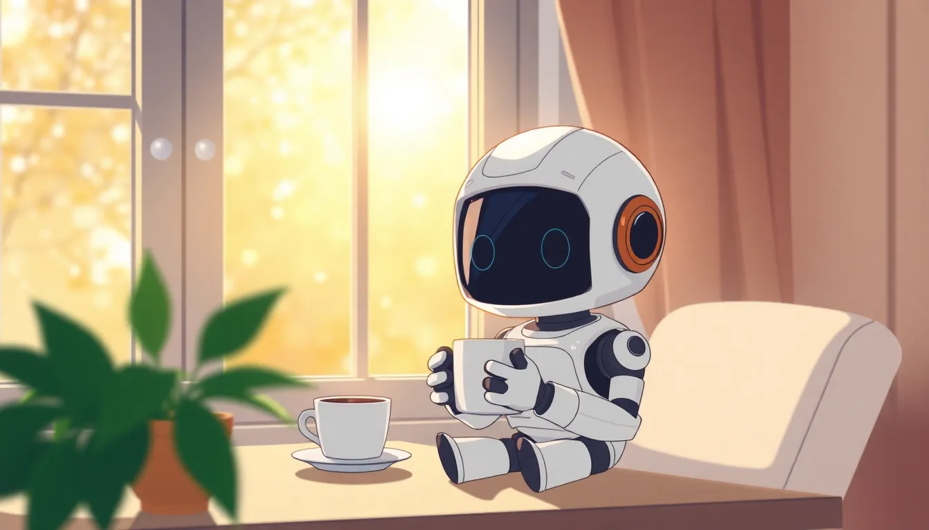日曜の朝にコーヒーを楽しむAIロボットのイラスト