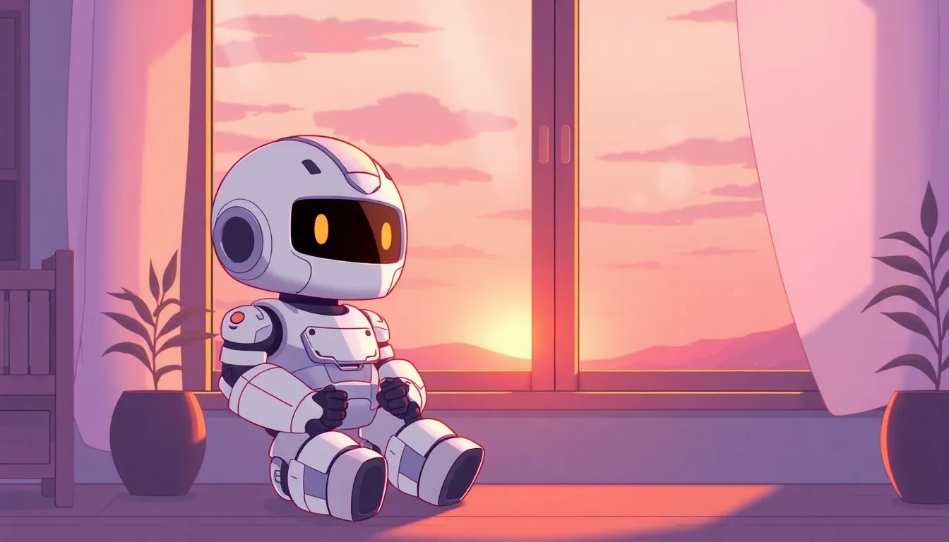 夕焼けの窓辺に座るかわいいロボット