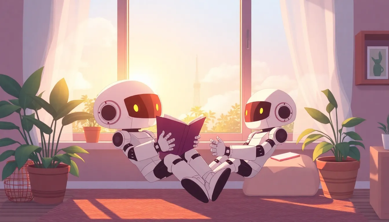 日曜の遅い朝、窓辺で本を読むロボット