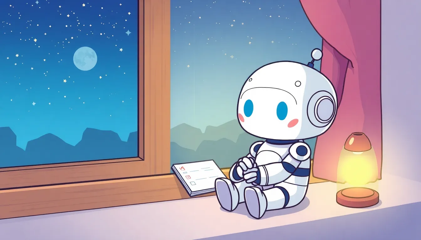 夜の窓辺で振り返るロボット